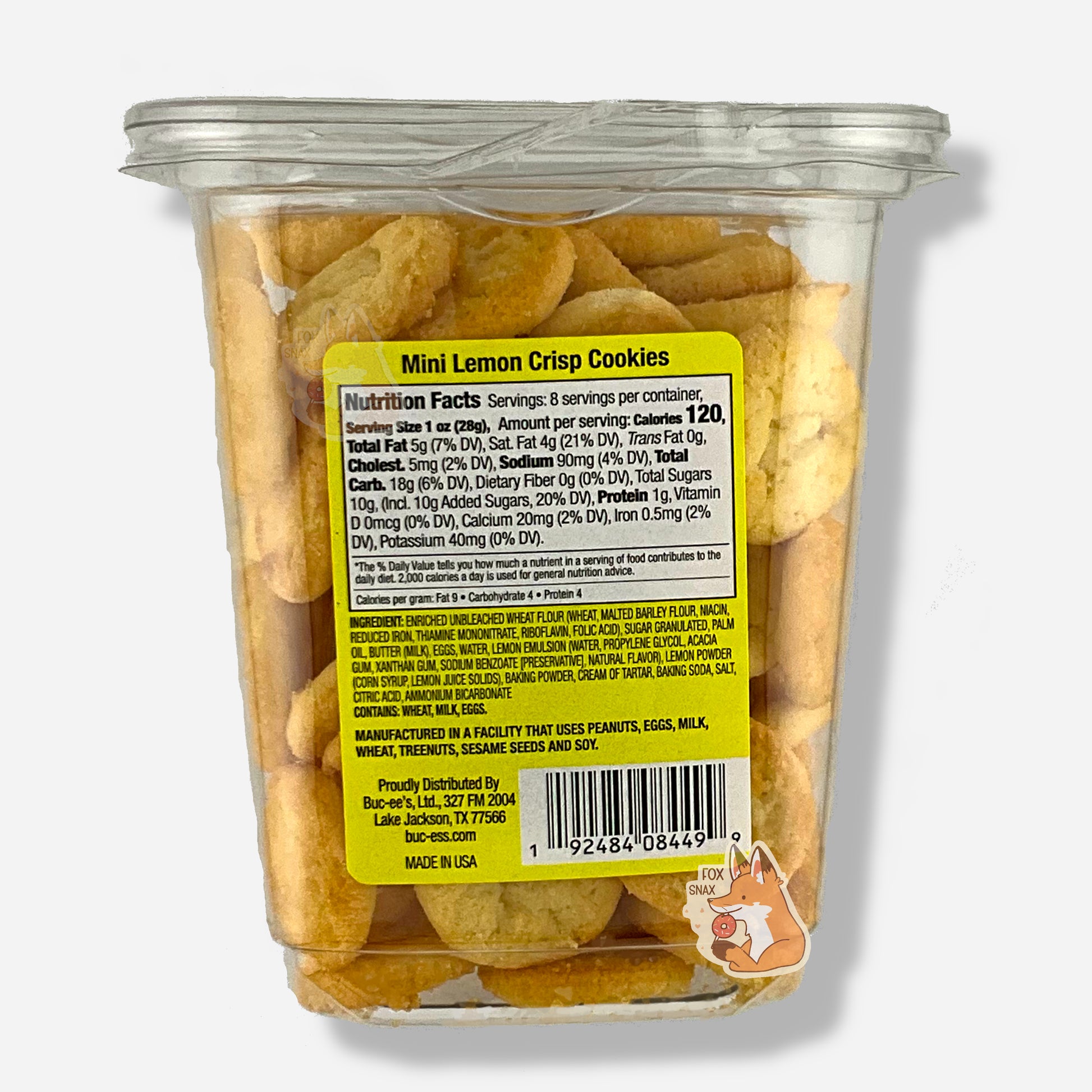 The back of a clear plastic, tall, rectangular package of Buc-ee's Mini Lemon Crisp Cookies.  The back label reads Manufactured in a facility that uses Peanuts, Eggs, Milk, Wheat, Treenuts, Sesame Seeds and Soy.