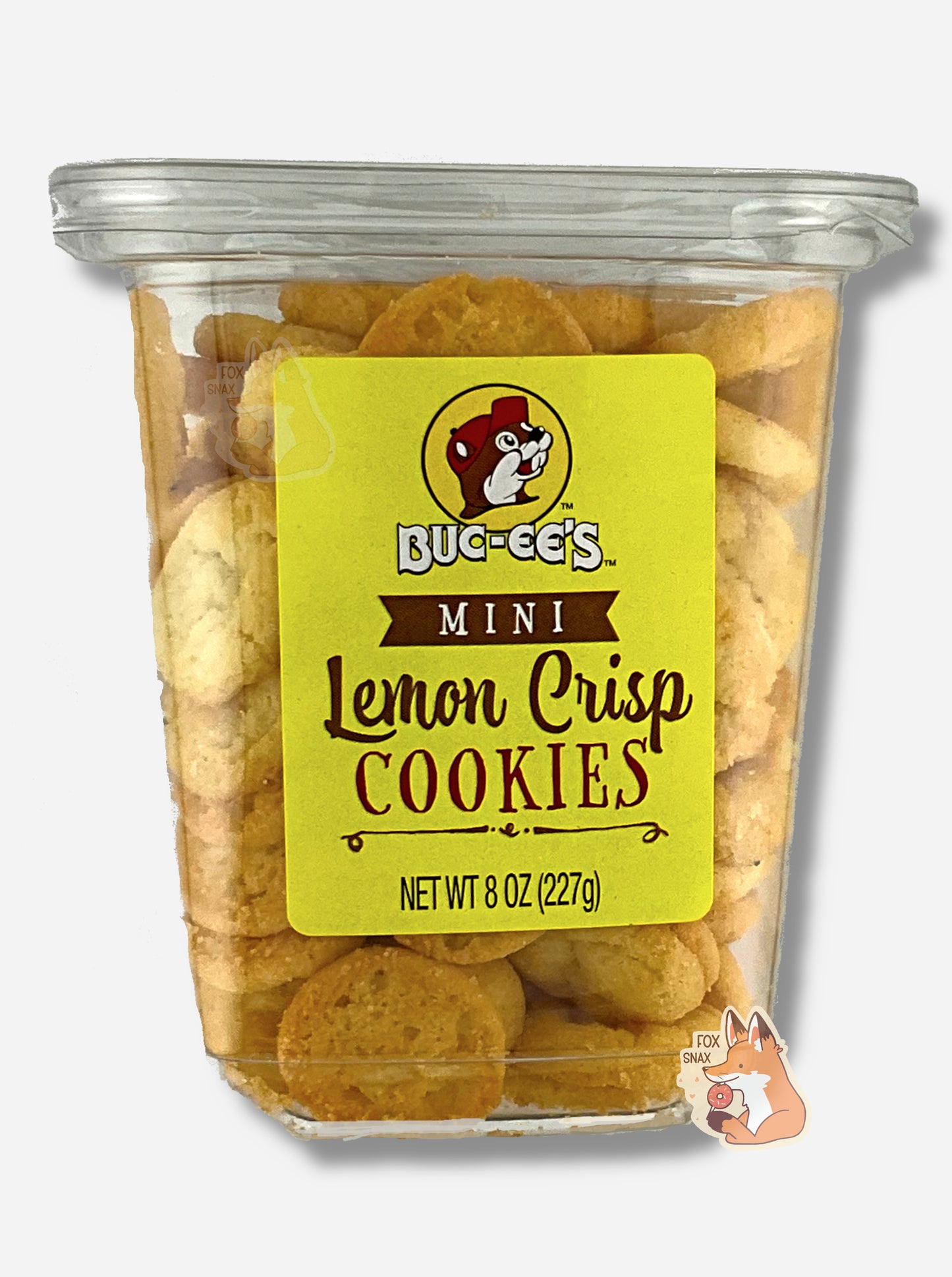 The front of a clear plastic, tall, rectangular package of Buc-ee's Mini Lemon Crisp Cookies.  The label has a small logo of Buc-ee The Beaver on it with a bright yellow cheery background.