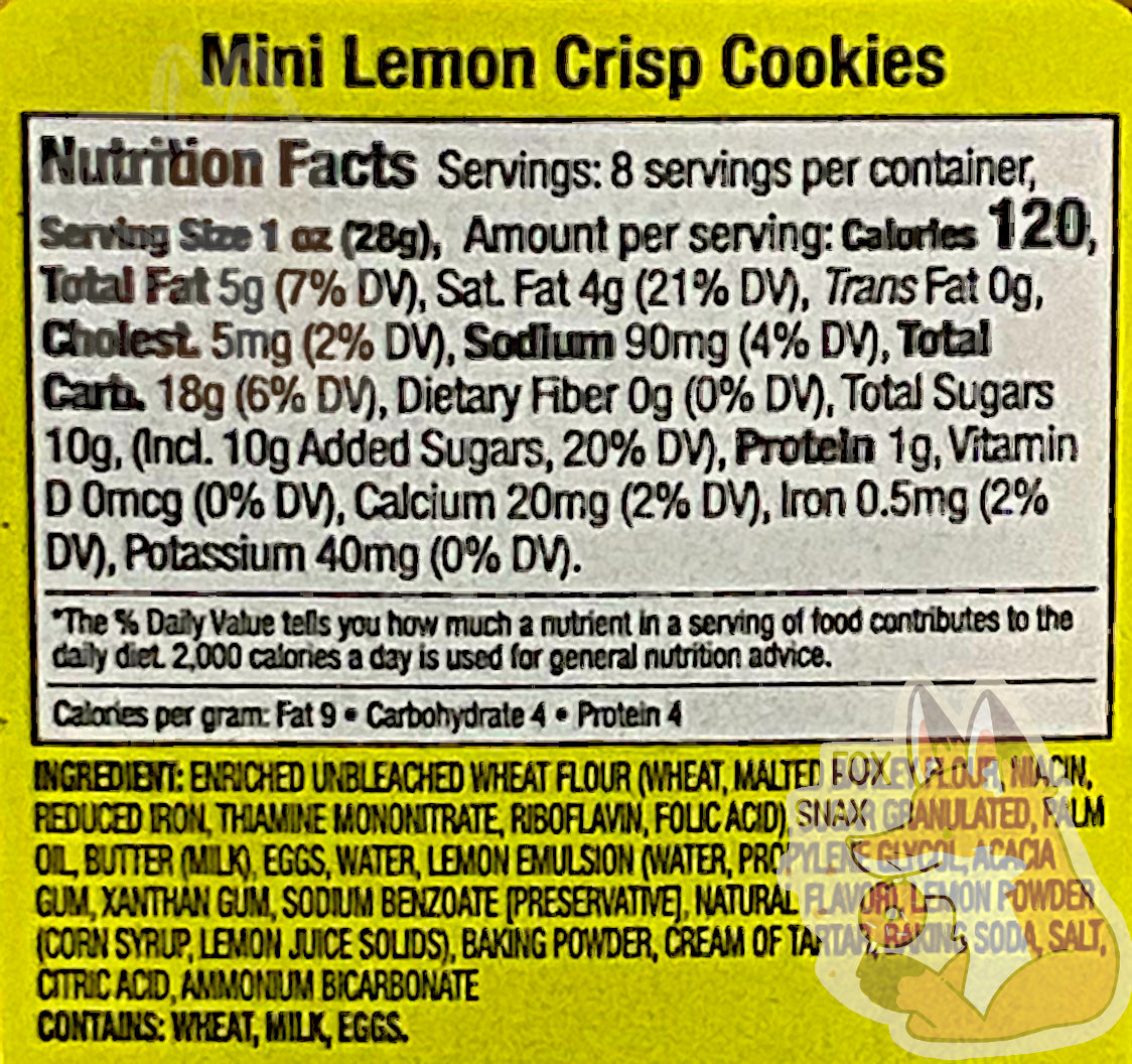 A closeup of the Nutrition Facts and the Ingredients of a container of Buc-ee's Mini Lemon Crisp Cookies.