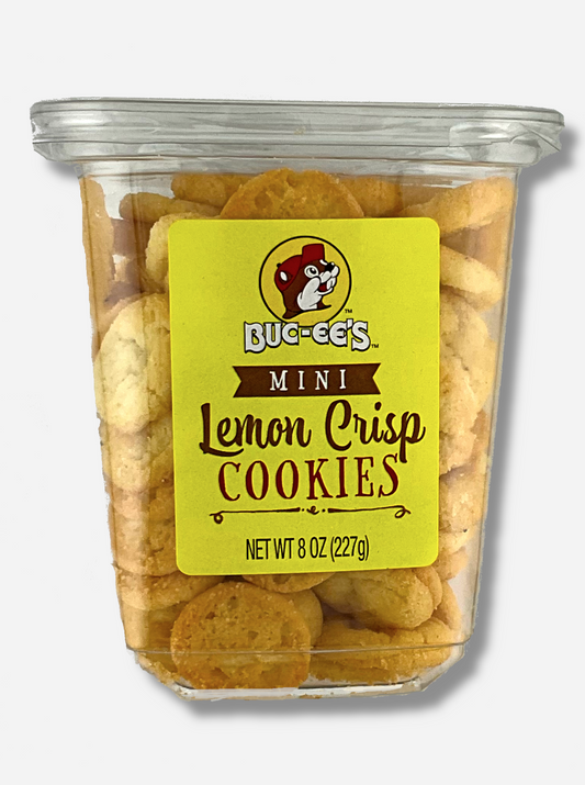 The front of a clear plastic, tall, rectangular package of Buc-ee's Mini Lemon Crisp Cookies.  The label has a small logo of Buc-ee The Beaver on it with a bright yellow cheery background.