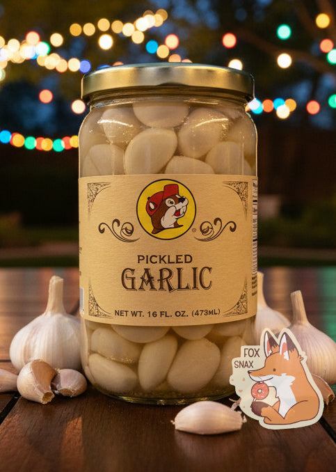 A picture of the front of a glass jar of Buc-ee's Habanero Garlic - the label is a "old-timey" sort of white/yellow with flared edges.  The middle has a giant Buc-ee the Beaver logo on it.  In the jar, floating garlic cloves in a clear brine can be seen.  The jar is sitting on a fancy dark wood outdoor table; garlic cloves litter the table.  The background shows a bit of greenery - trees with string lights hanging off of them; clearly a party