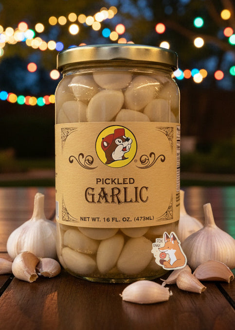 A picture of the front of a glass jar of Buc-ee's Habanero Garlic - the label is a "old-timey" sort of white/yellow with flared edges.  The middle has a giant Buc-ee the Beaver logo on it.  In the jar, floating garlic cloves in a clear brine can be seen.  The jar is sitting on a fancy dark wood outdoor table; garlic cloves litter the table.  The background shows a bit of greenery - trees with string lights hanging off of them; clearly a party