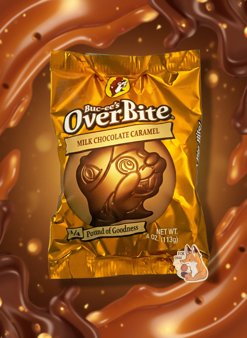 A picture of a package of a milk chocolate caramel Buc-ee's OverBite.  The package is metallic and orange/tan, and features a large picture of the candy, which is shaped like the Buc-ee's beaver mascot logo.  The package reads BUC-EE's OVERBITE, then MILK CHOCOLATE CARAMEL, then 1/4 POUND OF GOODNESS.  The background shows a swirl of chocolate and caramel surrounding the bag. 