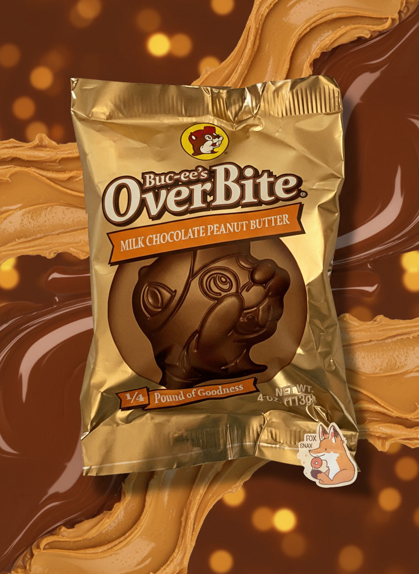 A picture of a package of a milk chocolate peanut butter Buc-ee's OverBite.  The package is metallic and light tan, and features a large picture of the candy, which is shaped like the Buc-ee's beaver mascot logo.  The package reads BUC-EE's OVERBITE, then MILK CHOCOLATE PEANUT BUTTER, then 1/4 POUND OF GOODNESS.  The background shows a swirl of peanut butter and chocolate against a brown background with orange lights.