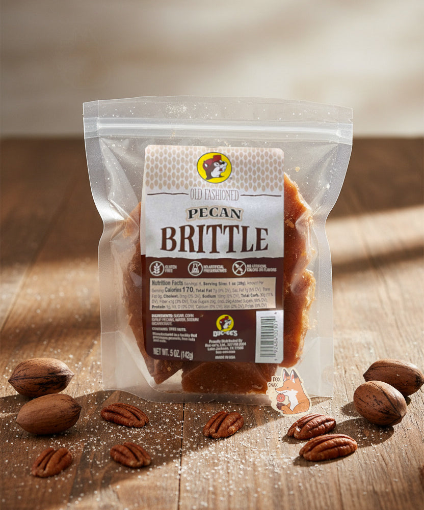 A picture of a square clear plastic bag of Buc-ee's Old Fashioned Pecan Brittle.  The bag has a red and brown rectangular sticker on it, and reads Old Fashioned Pecan Brittle, Gluten Free, No Artificial Preservatives, No Artificial Colors and Flavors.Inside the plastic bag are brownish irregular pieces of  intermittently dotted with pieces of pecan.  The bag is standing upright on a wooden table; the table is dusted with shelled and unshelled pecans and granulated sugar; soft light filters over the brittle.
