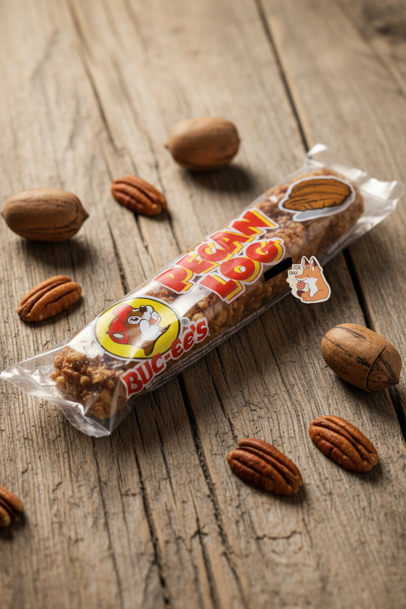 A picture of a long, rectangular, clear plastic package of Buc-ee's Pecan Log.  The bag has the Buc-ee's logo on it, and in jolly red and yellow text read "PECAN LOG", next to a picture of a single unshelled pecan.  Inside the package is a long thin cylinder; the surface of the cylinder is covered in small chopped bits of pecans.  The Log is sitting on a wooden table; strewn about are shelled and unshelled pecans.