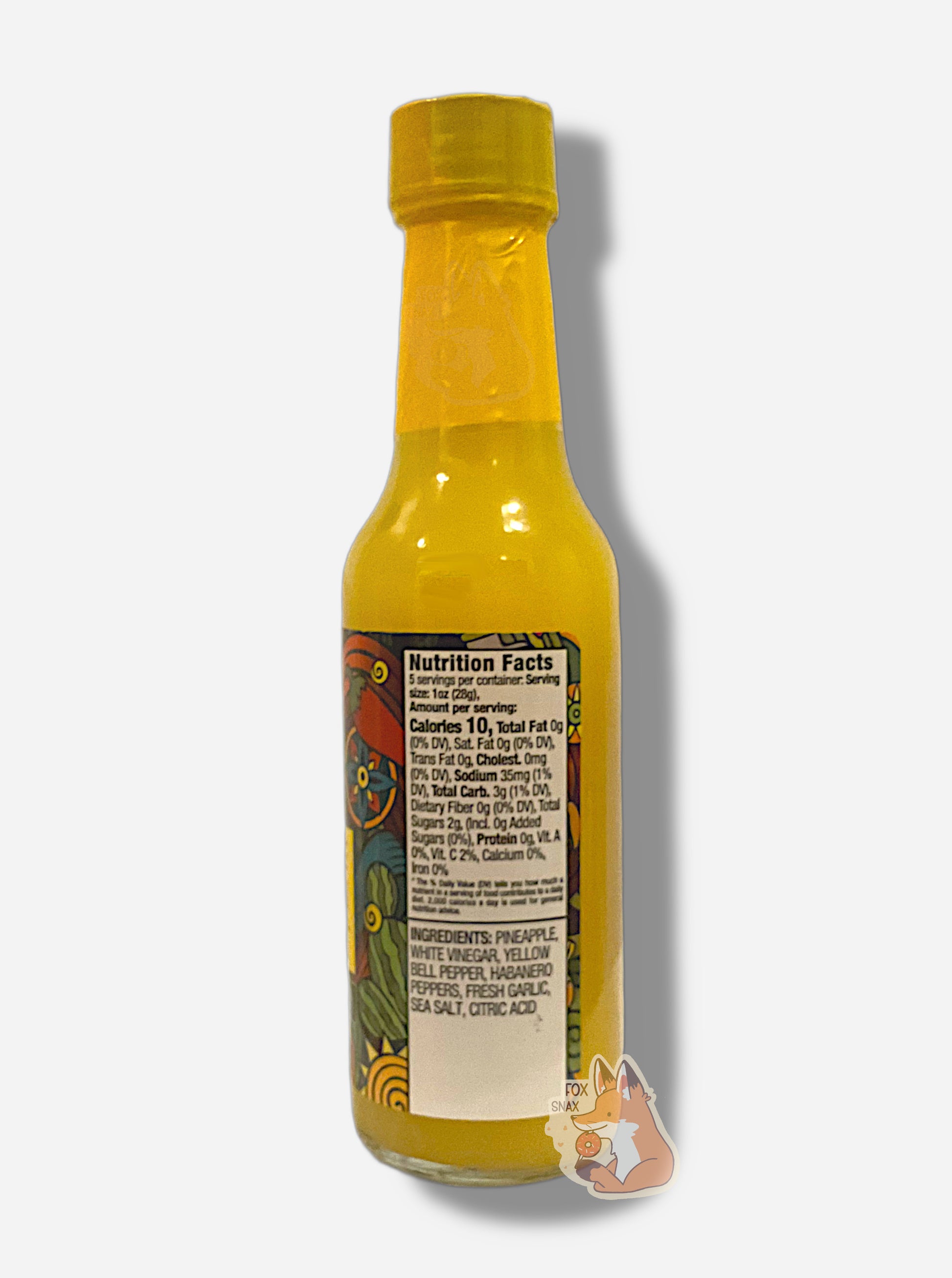 A side picture of a small, tall bottle of hot sauce. The top of the bottle is sealed with a shiny yellow plastic top.  Nutrition facts, then ingredients are listed. The sauce inside is bright yellow.