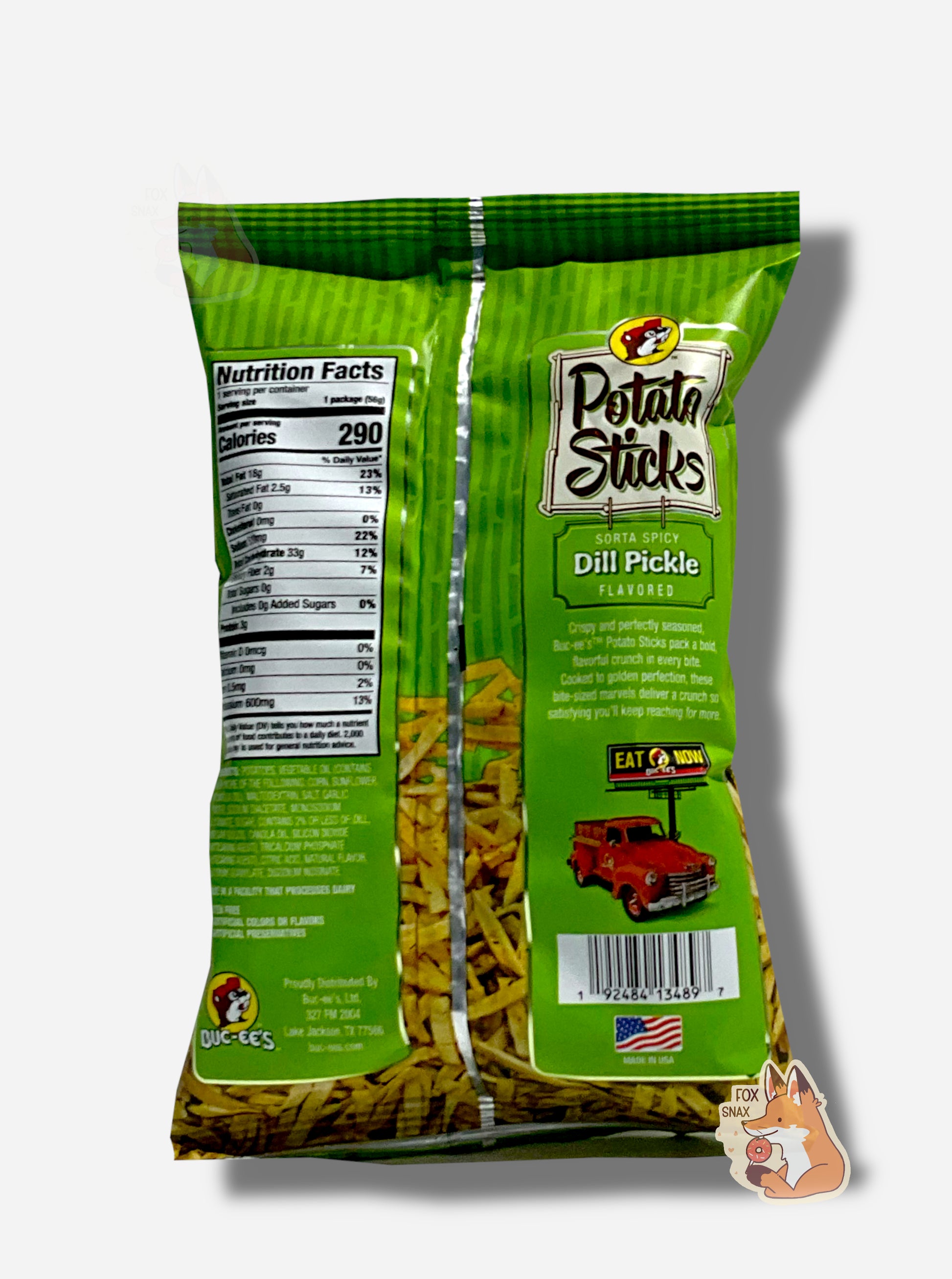 The back of a bag of Buc-ee's Sorta Spicy Dill Pickle Flavored Potato Sticks.  The bag is in dark and light green.  Ingredients are listed, next to text that reads CRISPY AND PERFECTLY SEASONED, BUC-EE'S POTATO STICKS PACK A BOLD, FLAVORFUL CRUNCH IN EVERY BITE.  COOKED TO GOLDEN PERFECTION, THESE BITE-SIZED MARVELS DELIVER A CRUNCH SO SATISFYING YOU'LL KEEP REACHING FOR MORE.