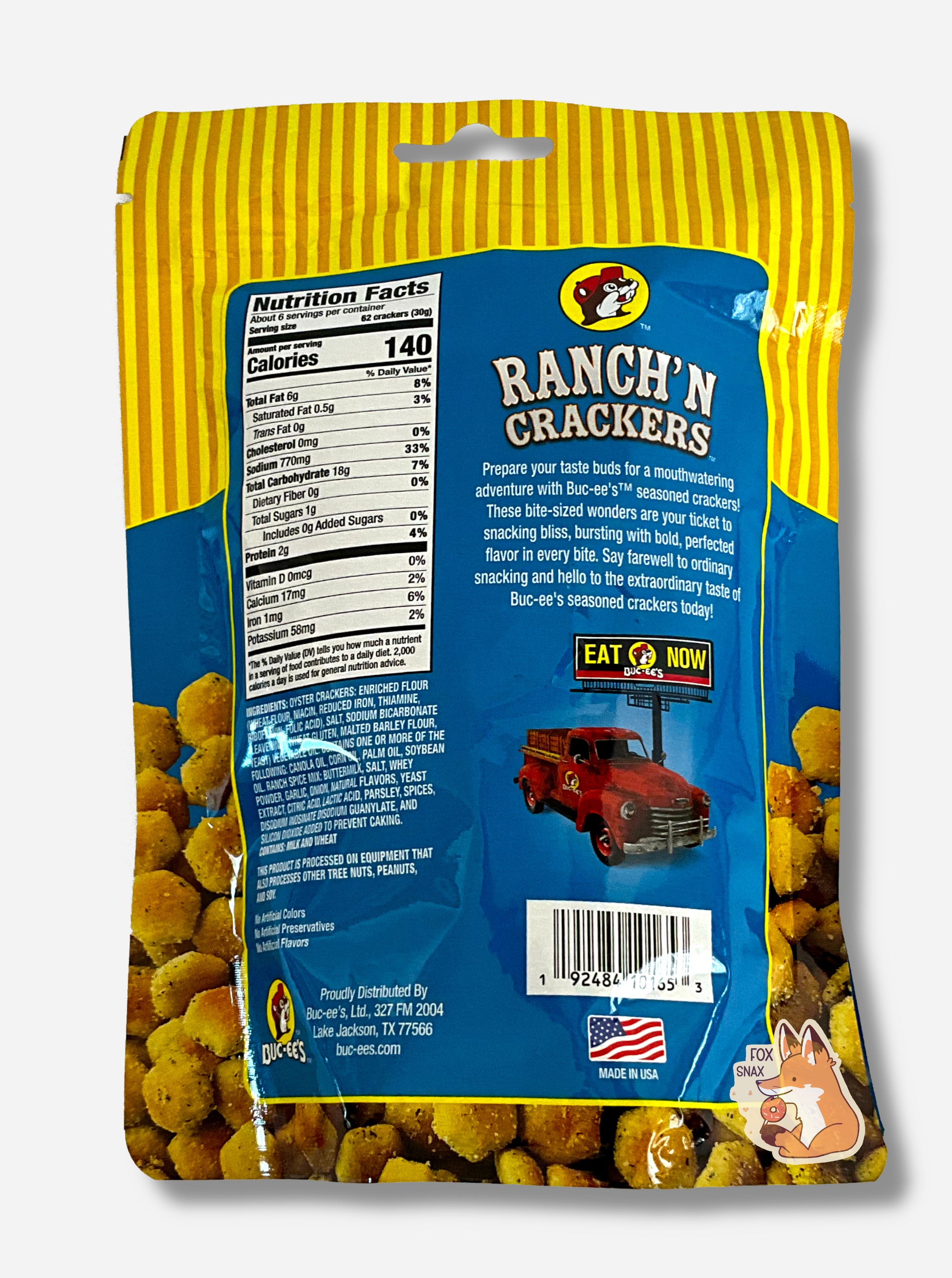 A picture of a the back of a metallic bag of Buc-ee's Ranch'N Crackers.  It reads "Prepare your taste buds for a mouthwatering adventure with Buc-ee's TM seasoned crackers!  These bite-sized wonders are your ticket to snacking bliss, bursting with bold, perfected flavor in every bite. Say farewell to ordinary snacking and hello to the extraordinary taste of Buc-ee's seasoned crackers today!