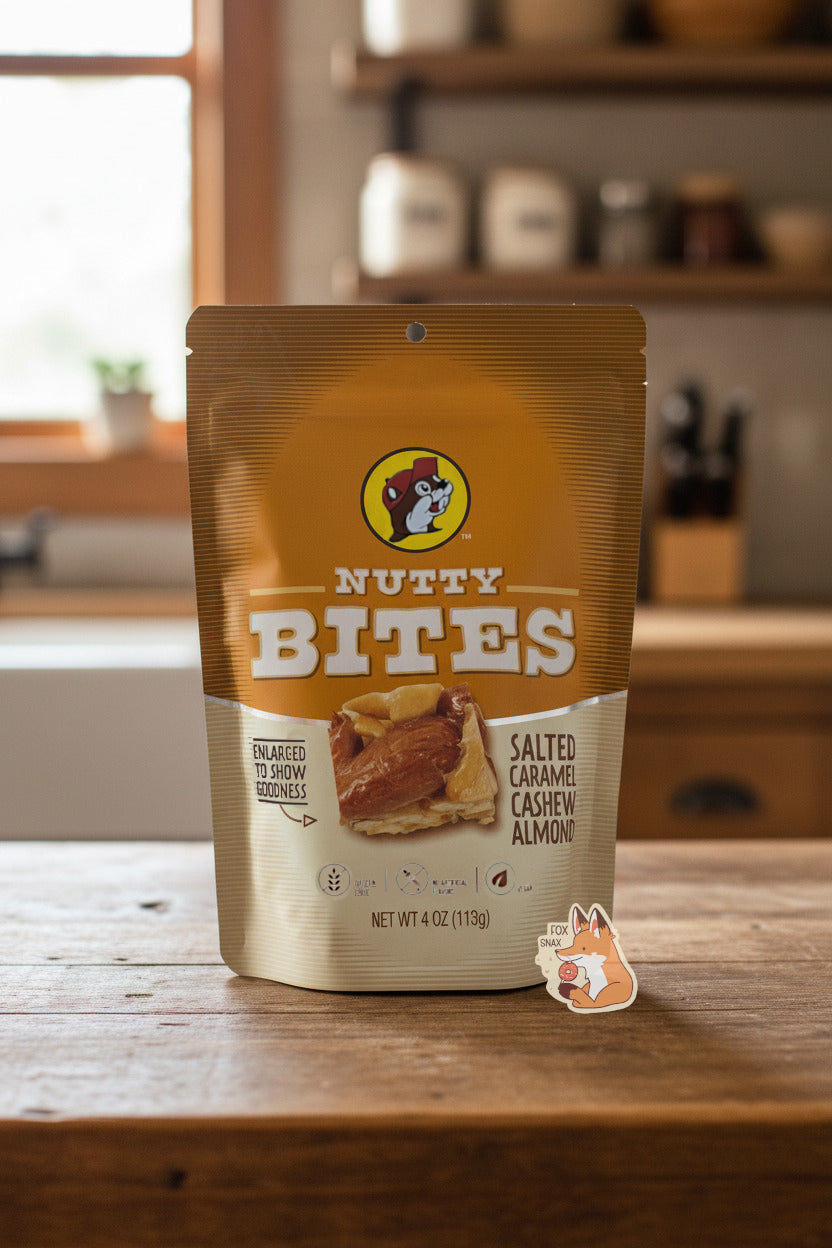 A picture of a white and purple bag of Buc-ee's Salted Caramel Cashew Almond Nutty Bites. The Buc-ee's logo can be seen in the top center of the bag, then under that, NUTTY BITES.  In the center of the bag is a brown square of Nutty Bite, covered in butter toffee and pecans. The bag is sitting on a rustic countertop in a kitchen; bright sunlight illuminates the shelves on the wall.