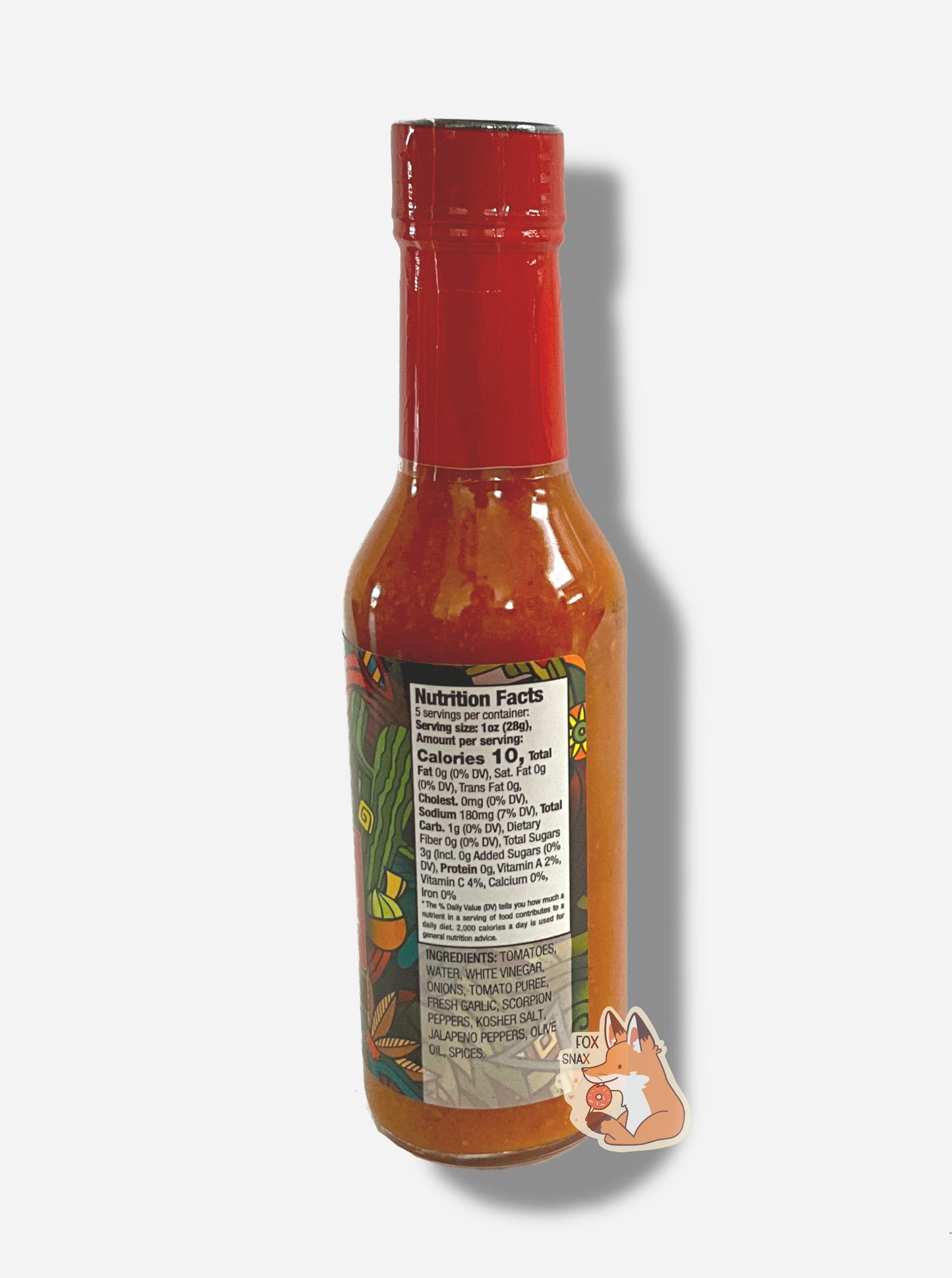 A picture of a small, tall glass bottle of hot sauce. The top of the bottle is sealed with a plastic top. The sauce inside is orange/red.