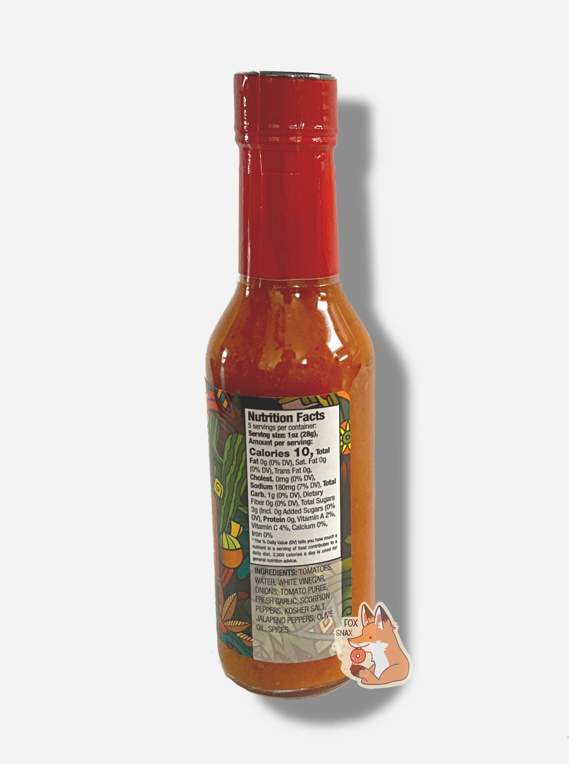 A picture of a small, tall glass bottle of hot sauce. The top of the bottle is sealed with a plastic top. The sauce inside is orange/red.