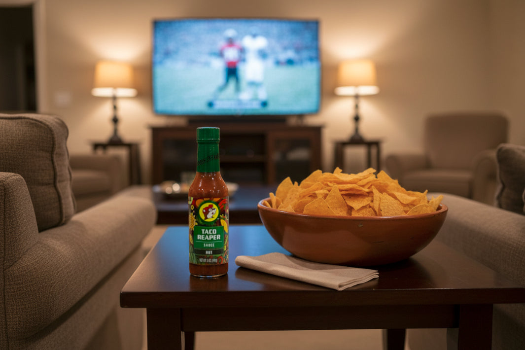 A picture of a small, tall glass bottle of Taco Reaper hot sauce.  The bottle it sitting next to a mountain of chips in a bowl and a napkin, on a fancy wooden end table.  The end table is flanked by two chairs; a TV showing sports can be seen in the background; clearly a cozy den.