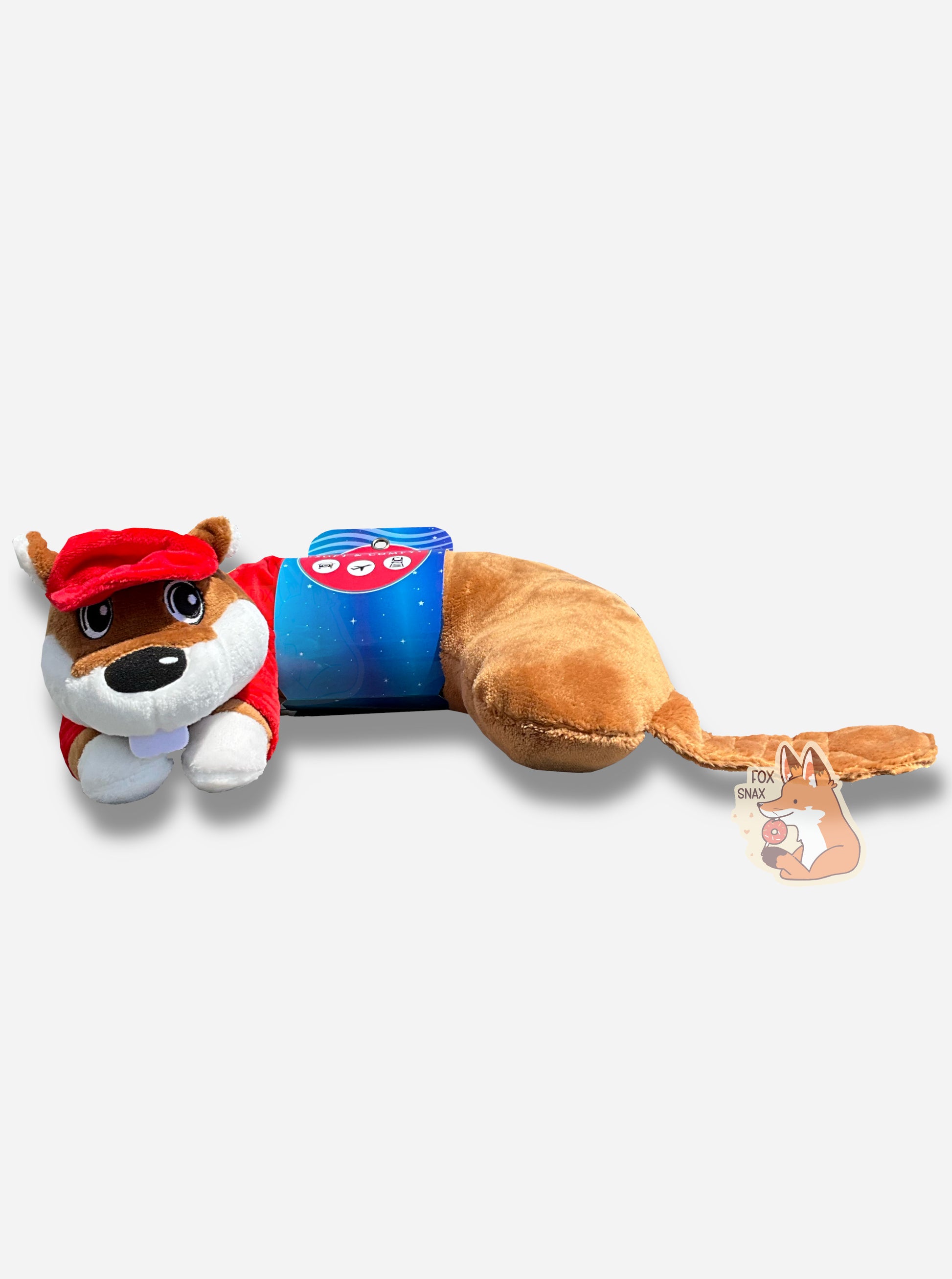 A picture of the side of a mostly u-shaped, travel pal pillow.  It is is shaped roughly like Buc-ee the Beaver.  Buc-ee is wearing a red ball cap, a red Buc-ee's shirt complete with Buc-ee logo, and sports a brown beaver tail.  A dark blue paper label is shown around his midsection.
