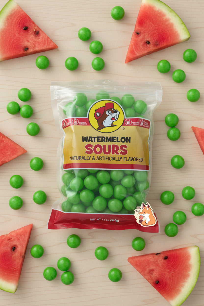 A picture of the front of a resealable bag of Buc-ee's Watermelon Sours, which are green sour and sweet watermelon candies.  The bag reads WATERMELON SOURS, Naturally & Artificially Flavored, and has a picture of Buc-ee the Beaver on it.  The sours inside are bright green and spherical.  The bag is sitting on a light wooden table, surrounded by loose Sours and slices of watermelon.