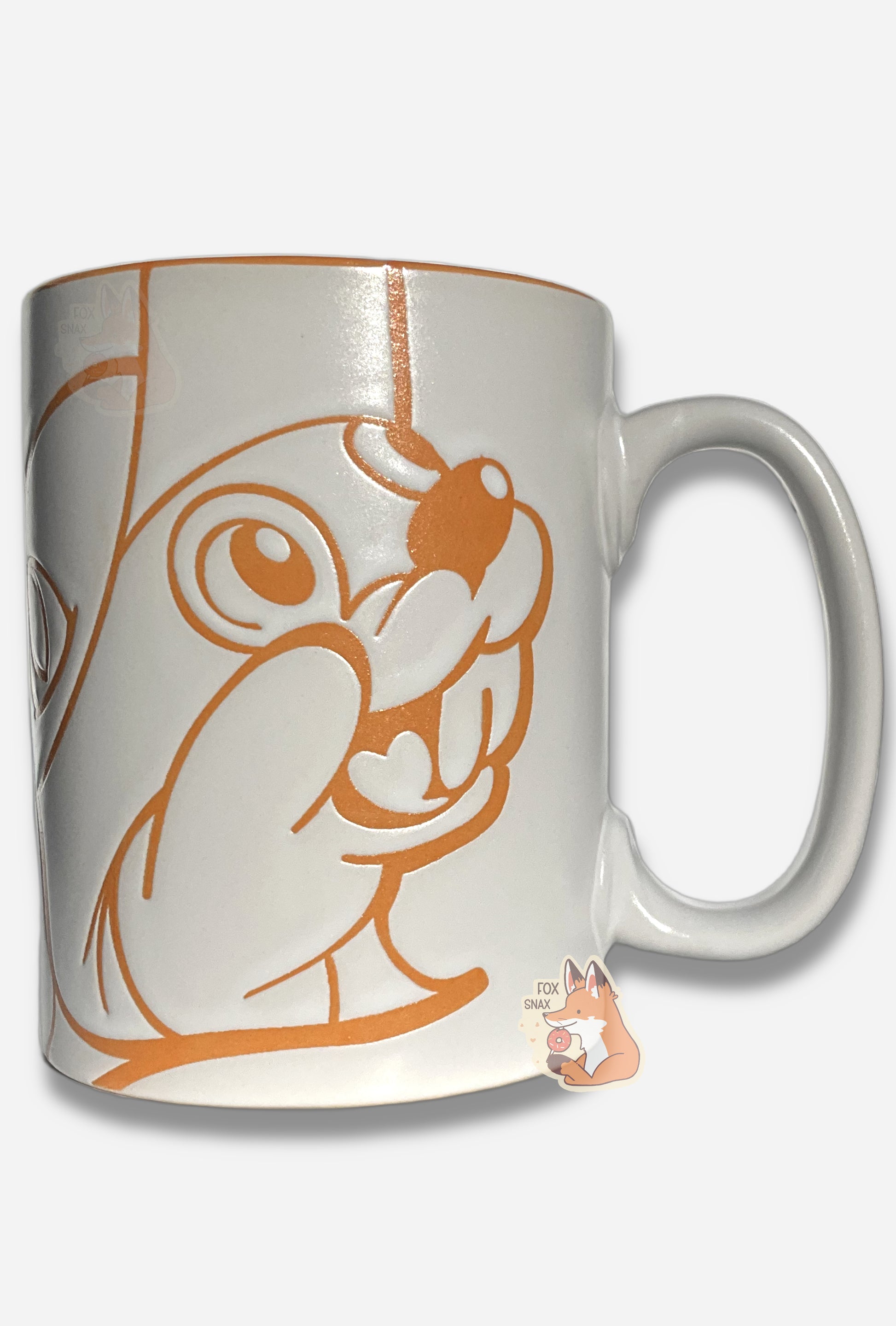 A picture of a ceramic, dark blue and white coffee mug.  The mug prominently features a picture of Buc-ee The Beaver on the front and back, in bright orange.  The interior of the mug is a bright orange  as well, and rest of the mug is white.  