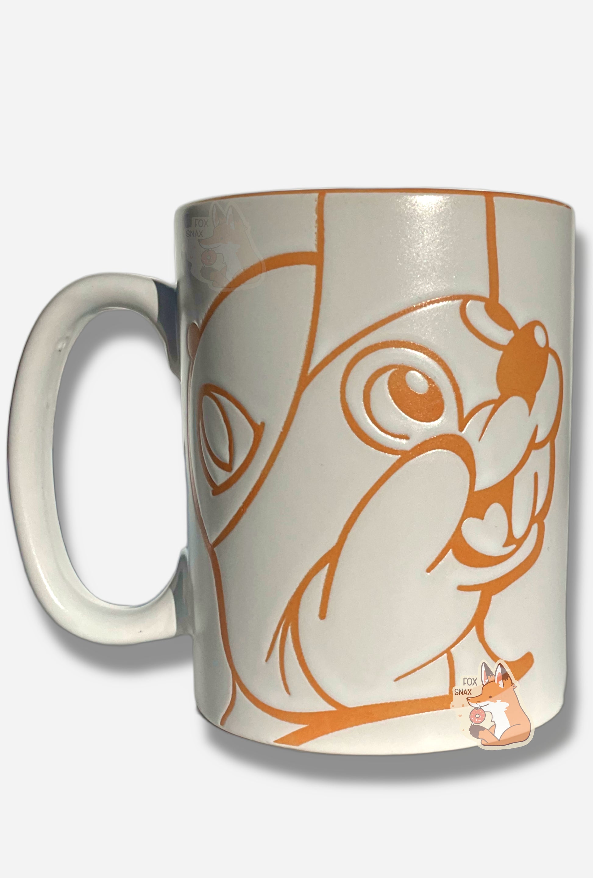 A picture of a ceramic, dark blue and white coffee mug.  The mug prominently features a picture of Buc-ee The Beaver on the front and back, in bright orange.  The interior of the mug is a bright orange as well, and rest of the mug is white.  
